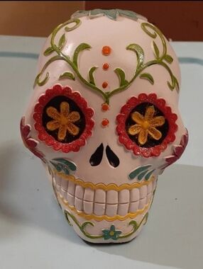 White Sugar Skull Decorative Accent with Multicolor Floral Detailing